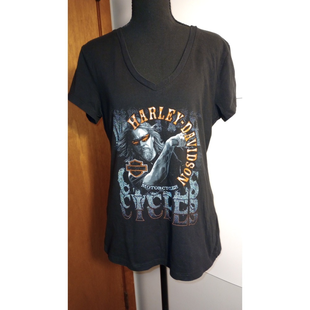 Harley Davidson Women's Black New Smyrna Florida V-Neck Sz L Biker Feminine